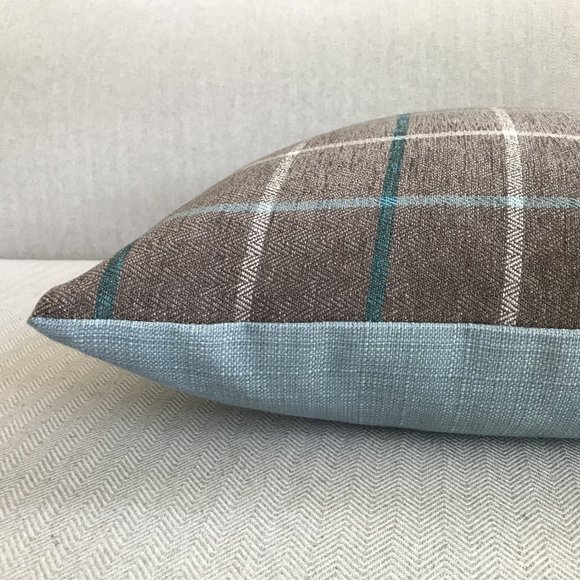 Modern Plaid, Brown/Grey, Off-White, Blue Pillow Cover 18" x 18" - Picture 2 of 3